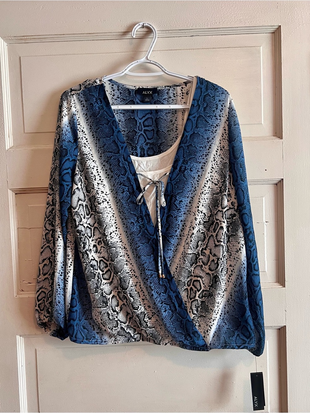 Alyx Blue and White Snake-Print Lace-Up Wrap Blouse
